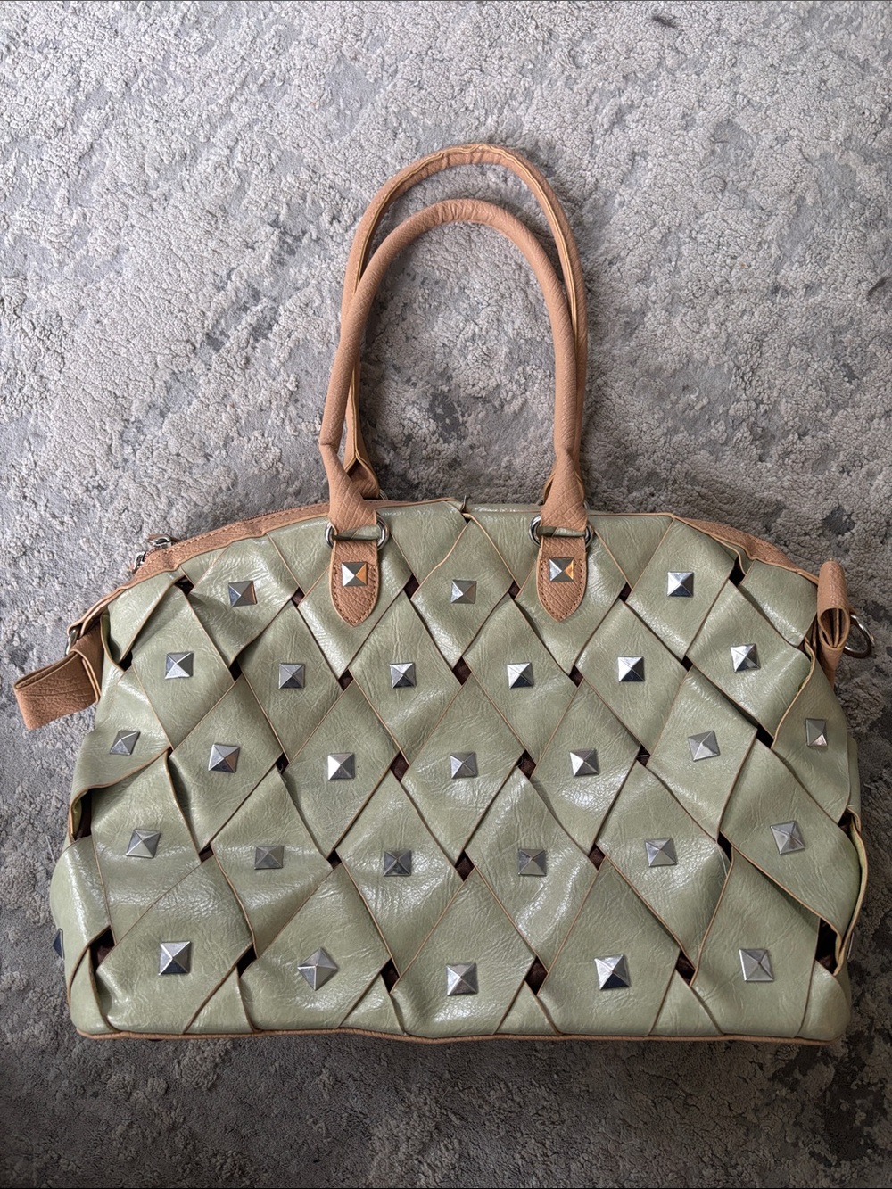Chocolate Woven Tote in Sage Green with Tan Trim